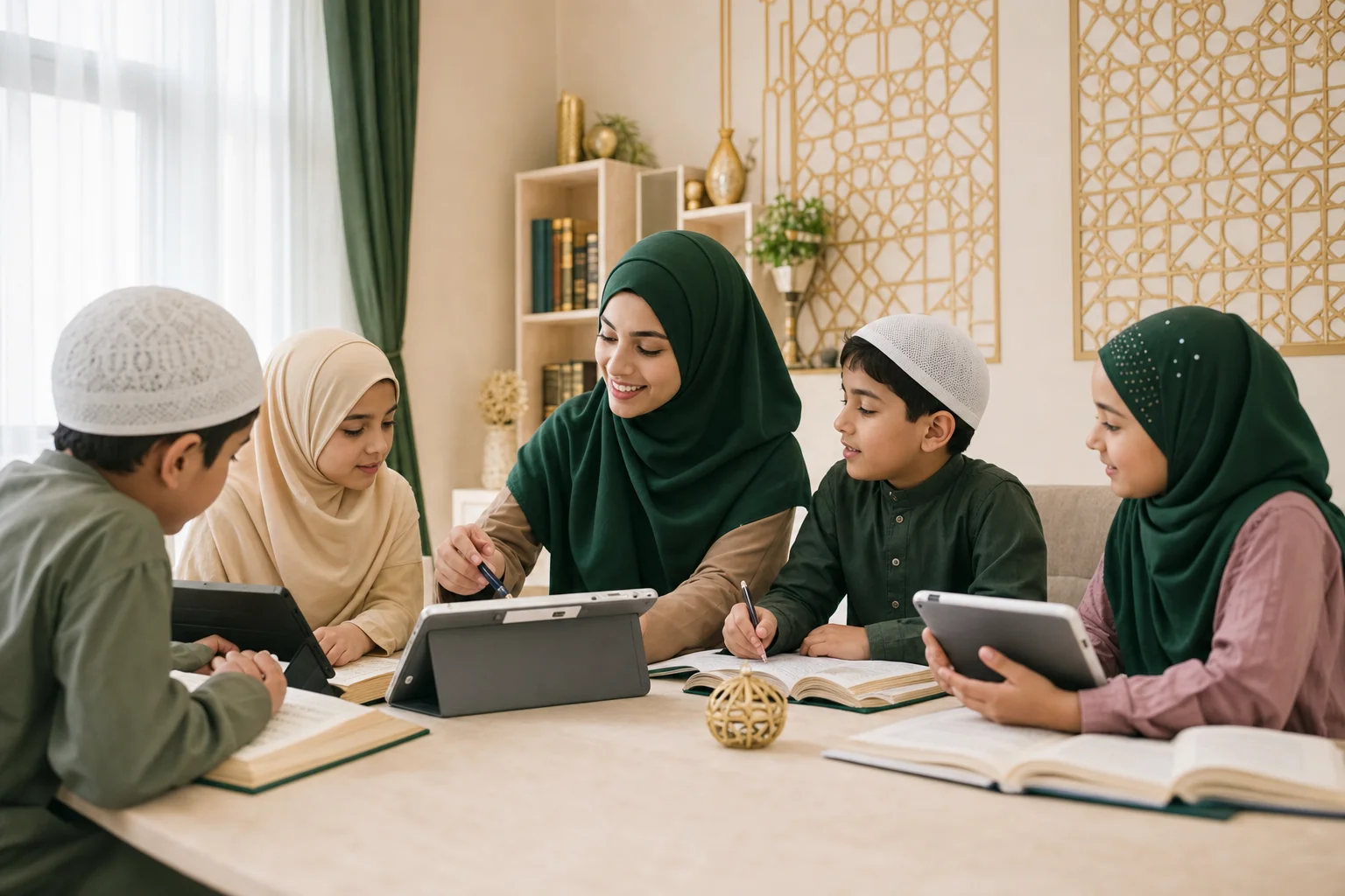 Qualified Muslim tutor teaching children Qur’an and Islamic studies in a welcoming online classroom