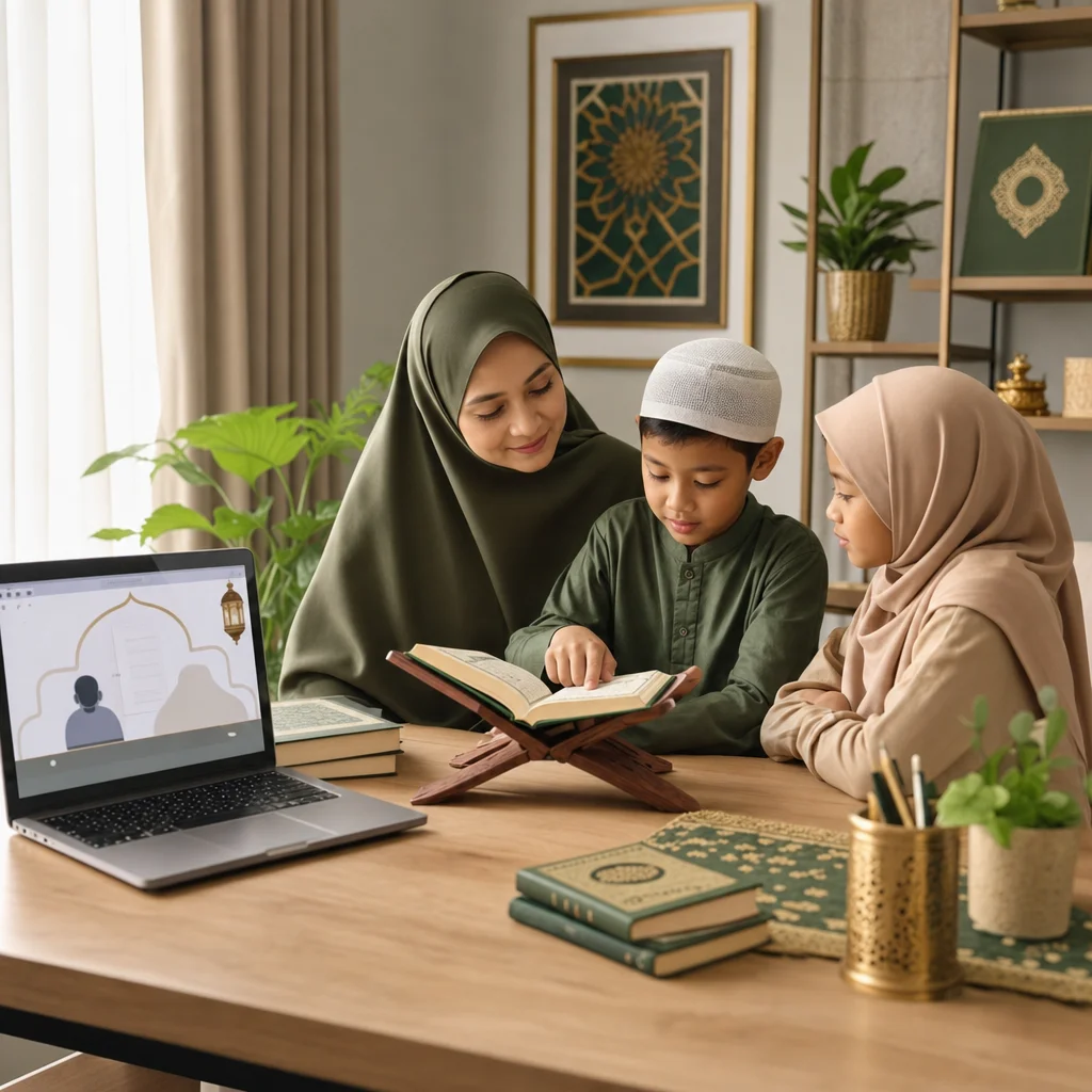 Muslim family learning the Qur’an together in a live online Al-Huda Islamic Academy class